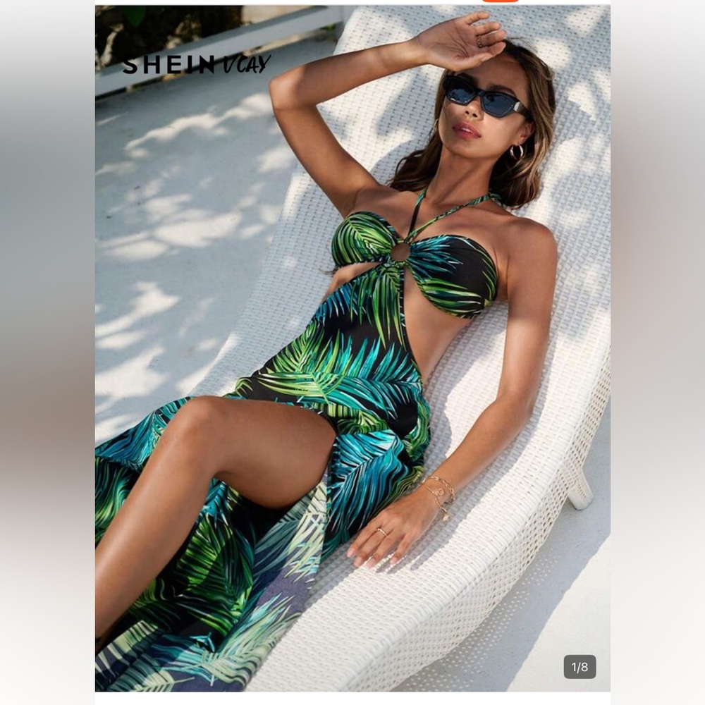 SHEIN Black Maxi Dress with Green & Teal Leaf Print